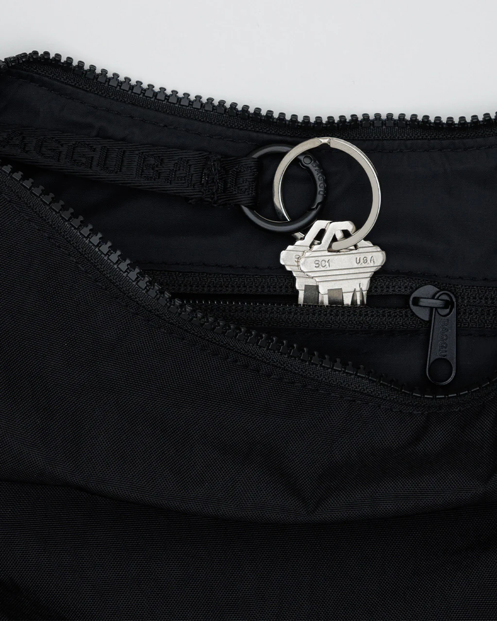 Medium Nylon Crescent Bag w/ Key Leash - Black