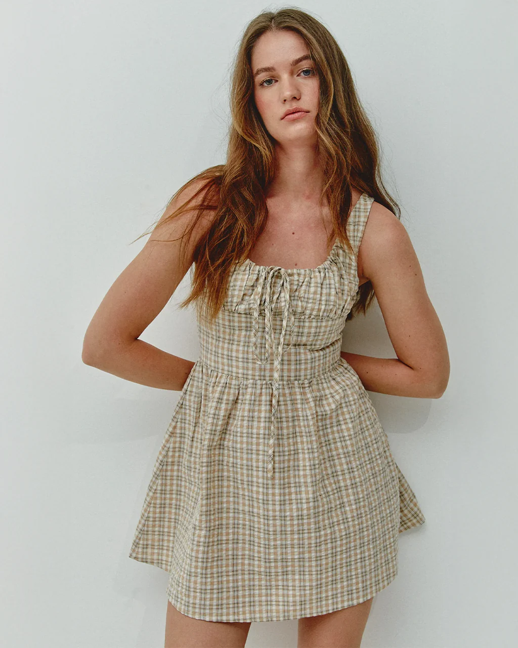 Beige Gingham Check Mini Dress