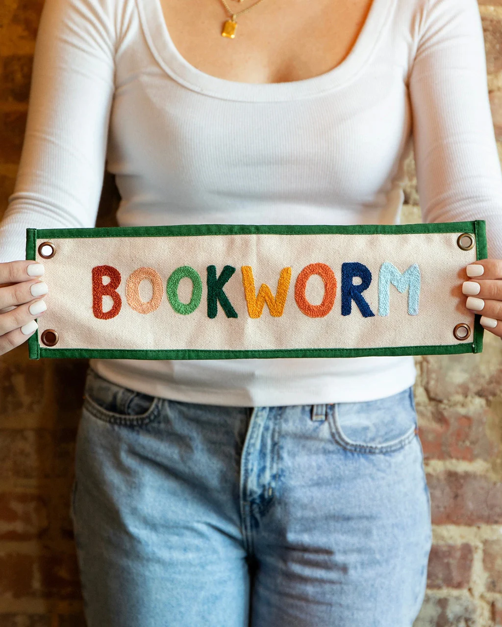Bookworm Embroidered Canvas Banner