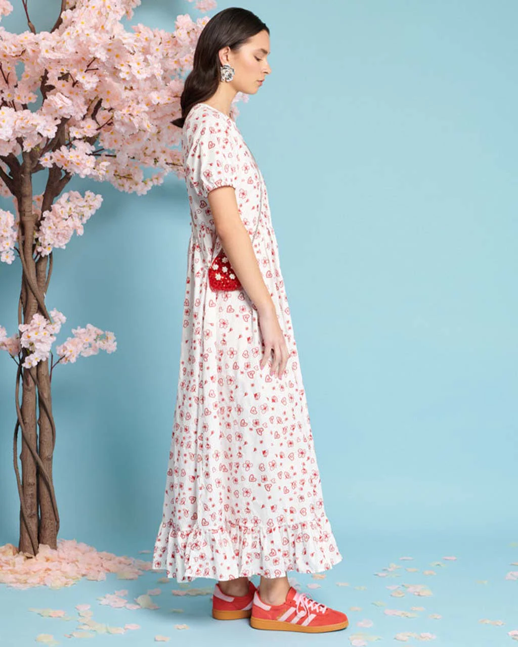 Doodle Bloom Midi Dress - Ivory + Red