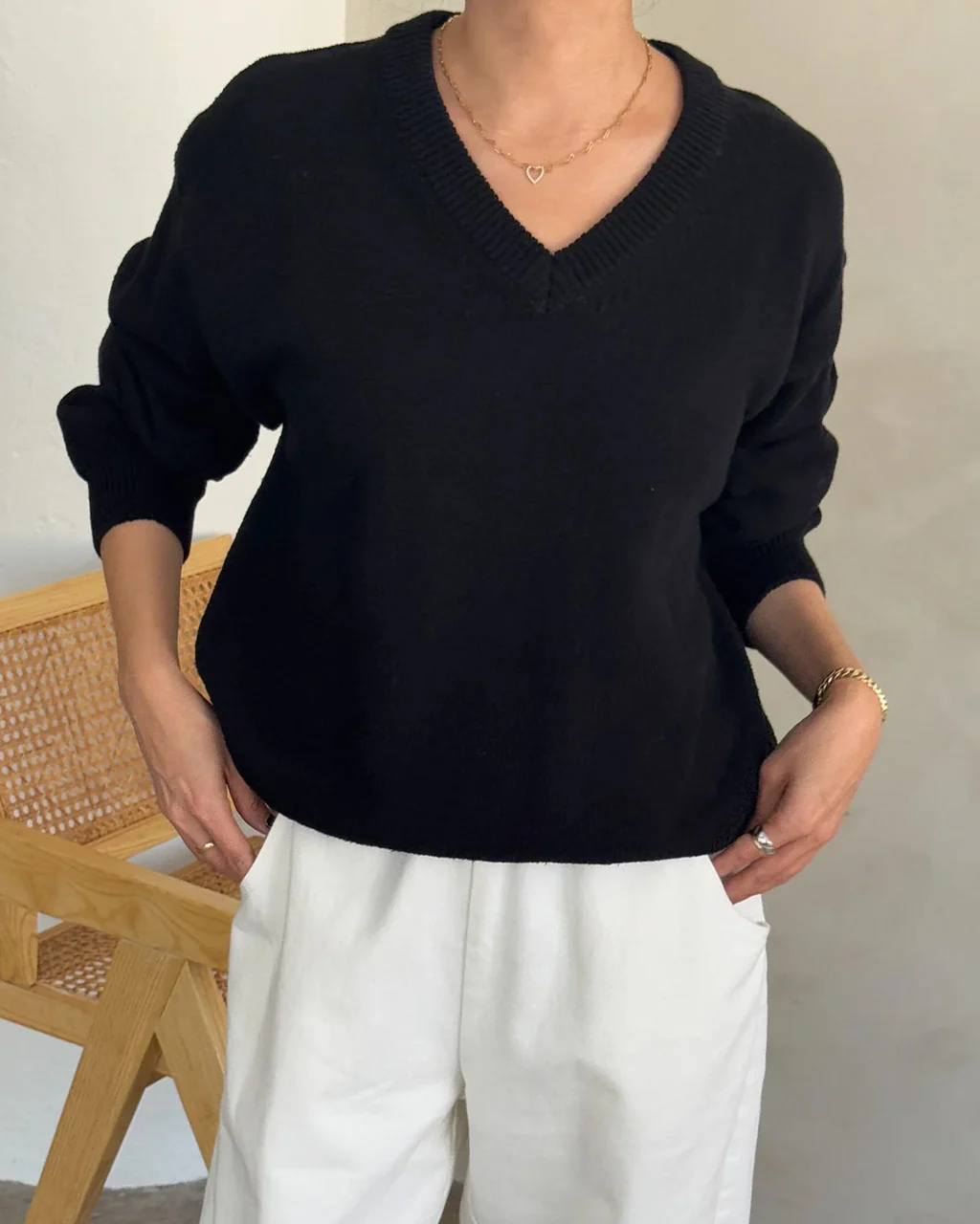 Gabby Cotton V-Neck Sweater - Black