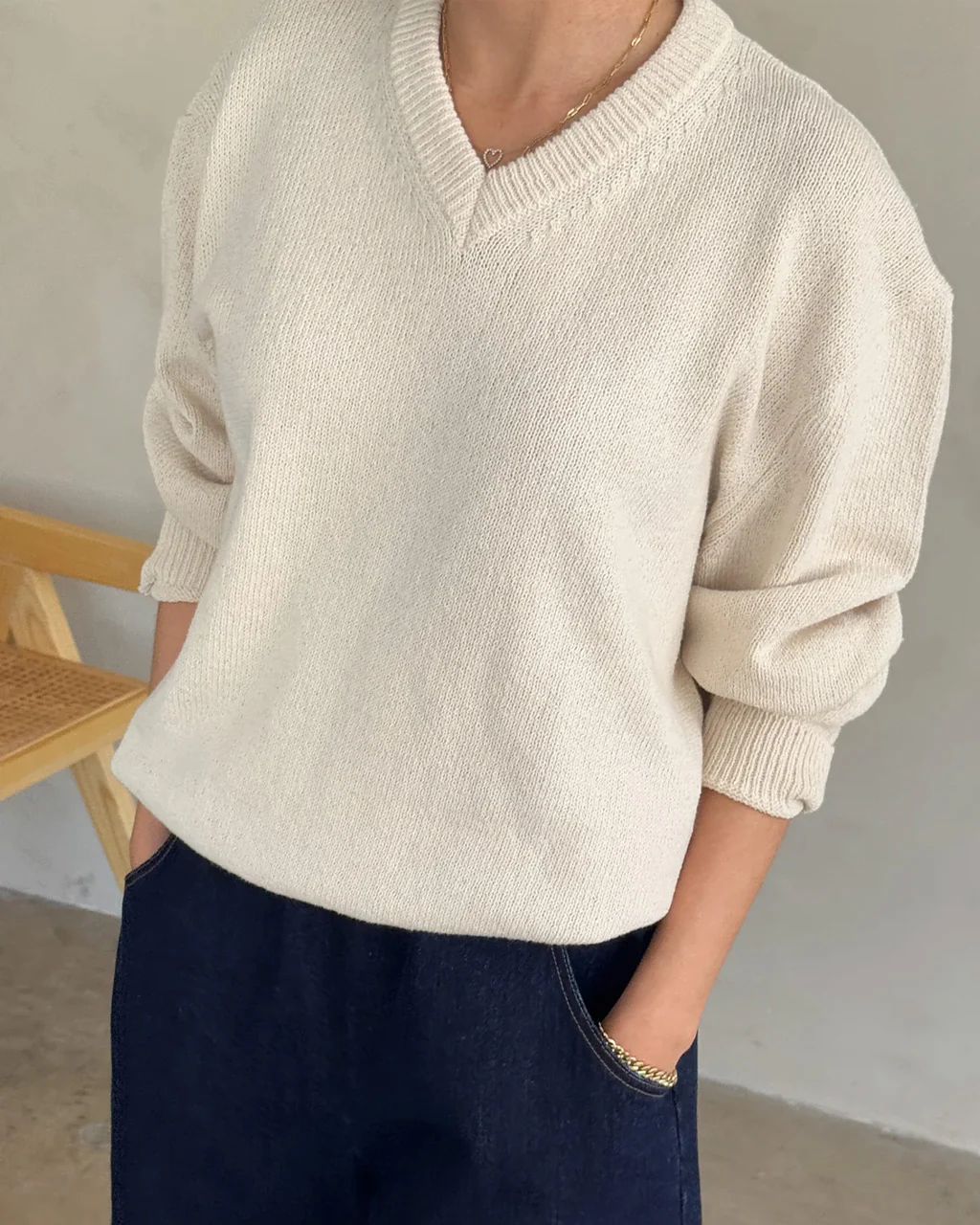 Gabby Cotton V-Neck Sweater - Naturel
