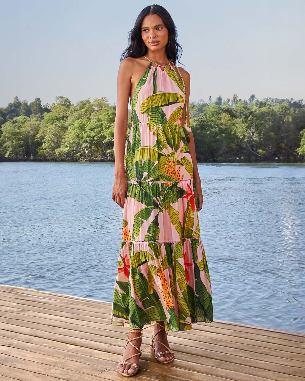 Pink Banana Leaves Sleeveless Maxi Dress