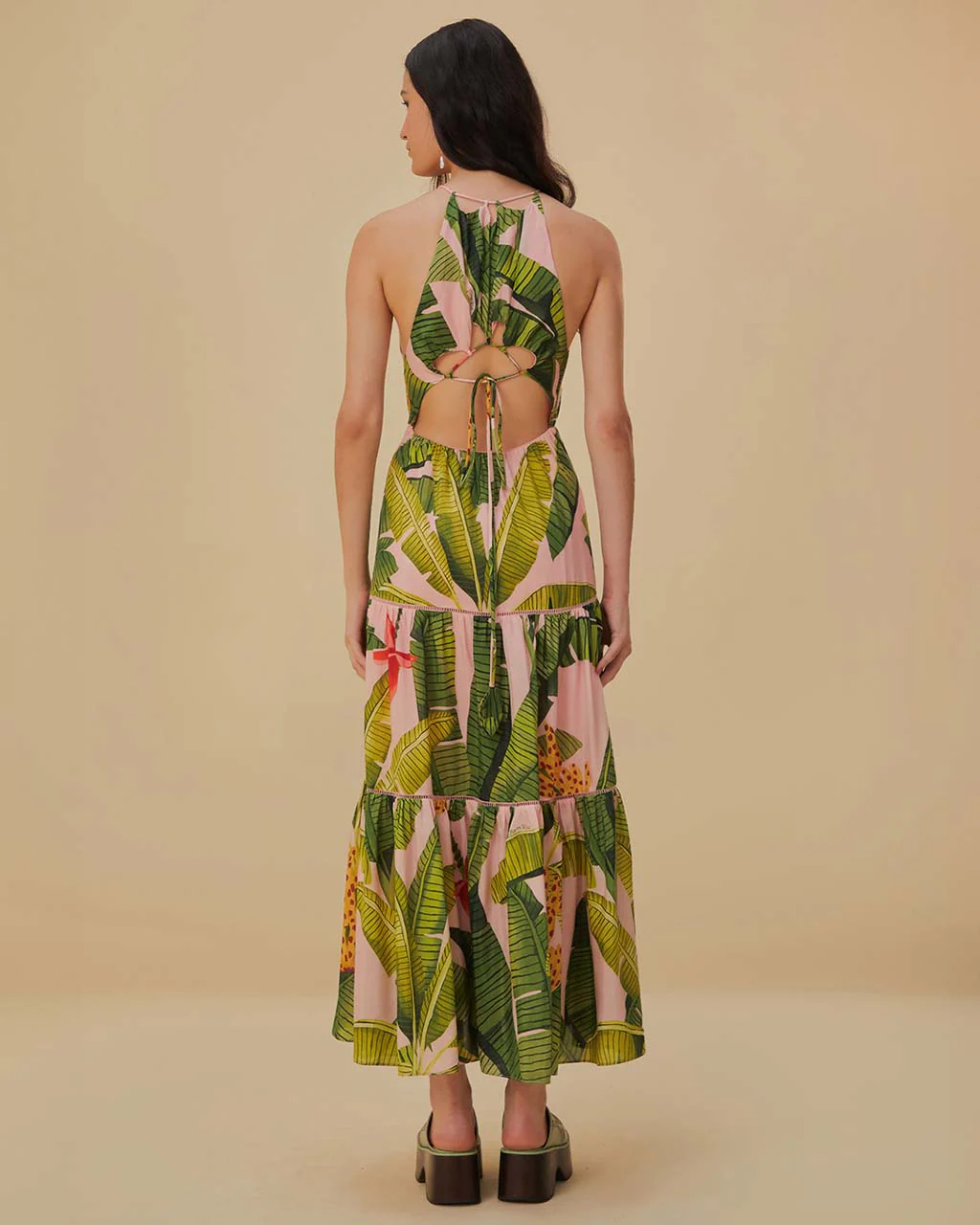 Pink Banana Leaves Sleeveless Maxi Dress