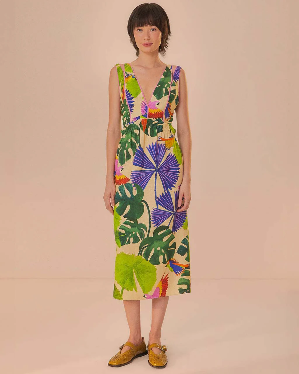 Sand Macaw Jungle V Neck Midi Dress