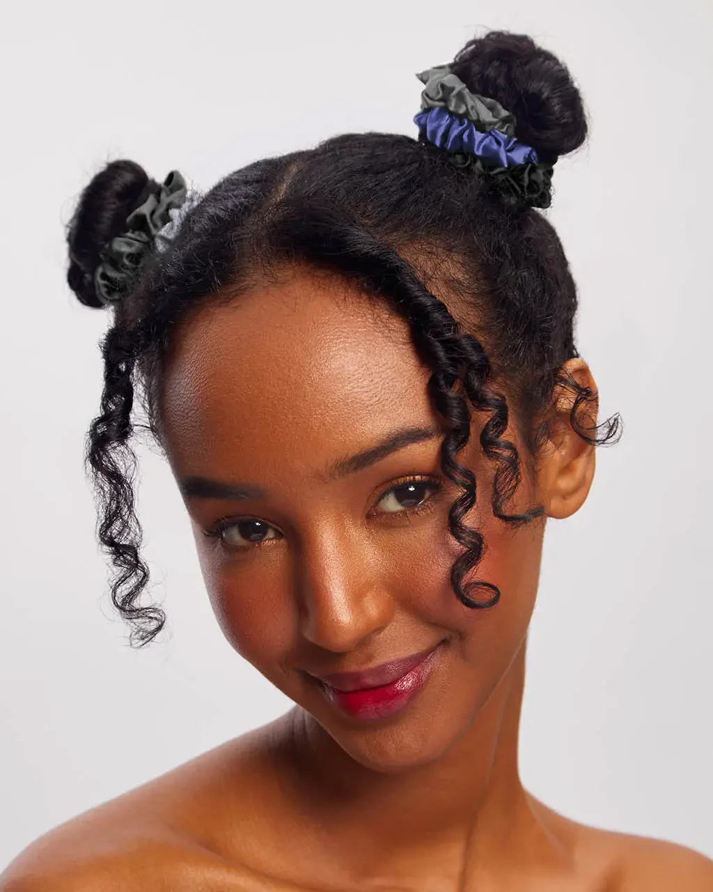 Midnight Ruched Satin Scrunchies - Set of 5