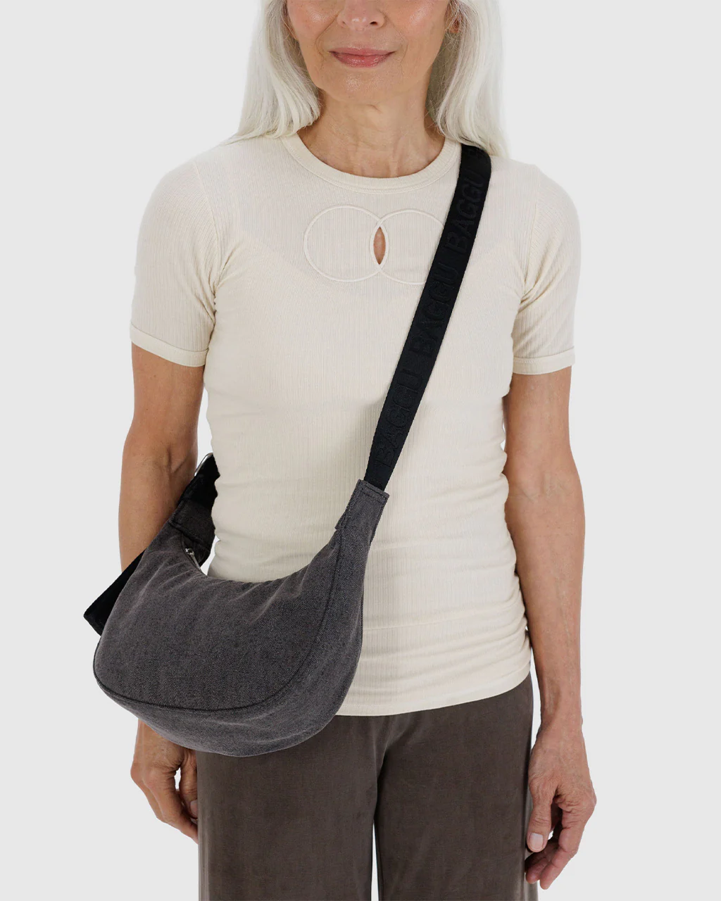 Small Denim Crescent Bag w/ Key Leash - Washed Black Denim
