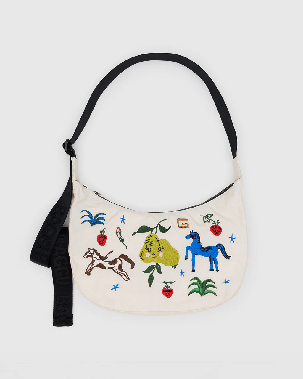 Medium Nylon Crescent Bag w/ Key Leash - Embroidered Painted Prairie