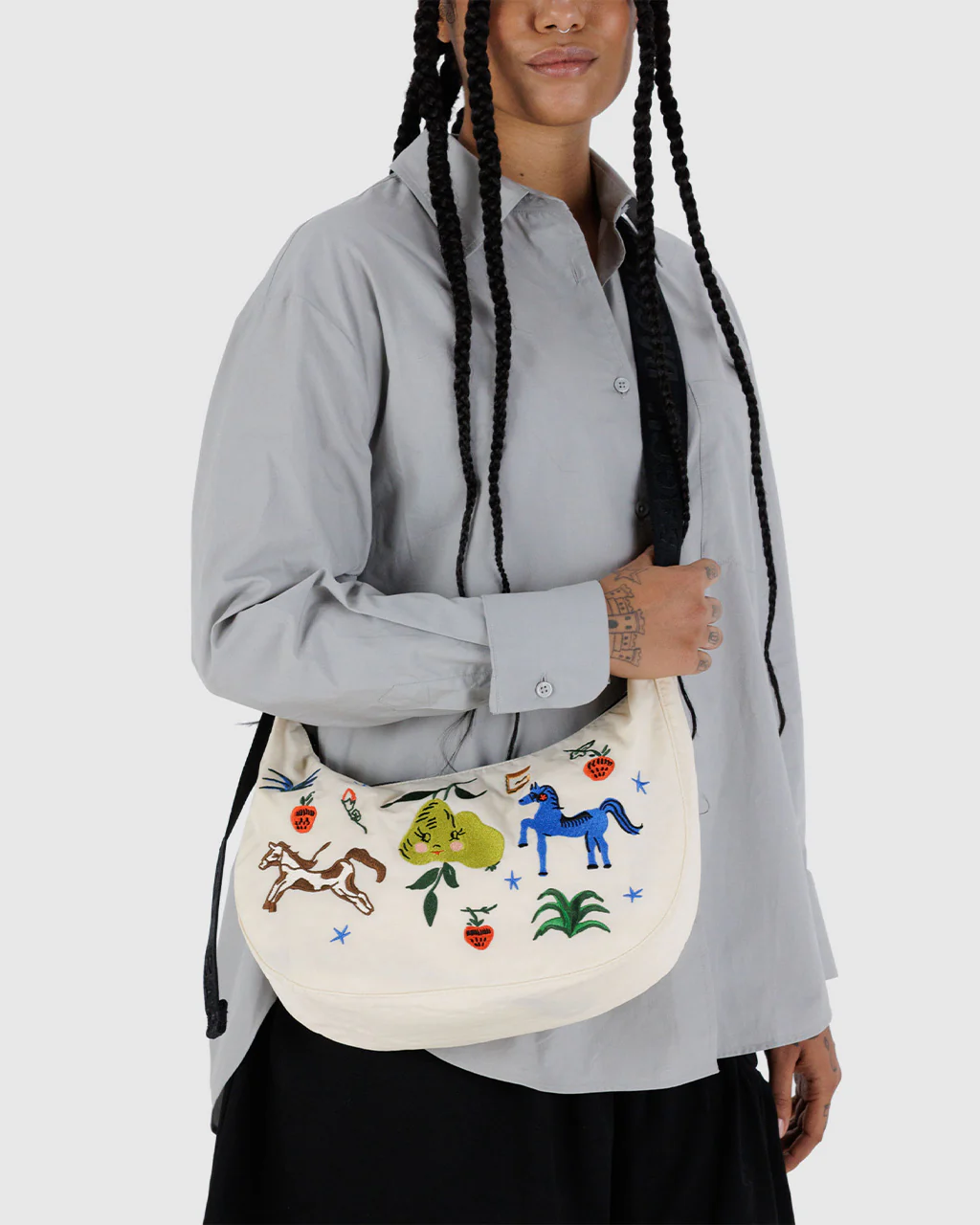 Medium Nylon Crescent Bag w/ Key Leash - Embroidered Painted Prairie